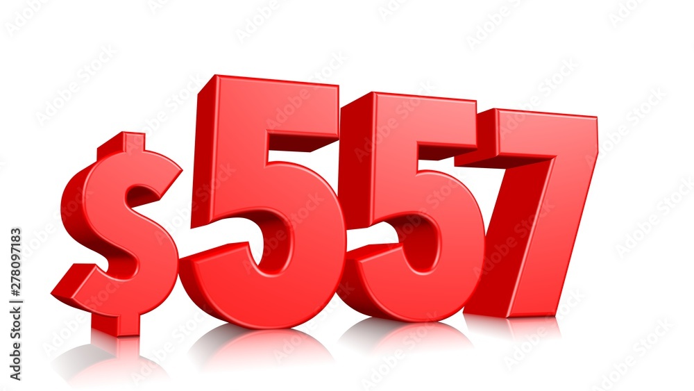 557$ Five hundred and fifty-seven price symbol. red text number 3d render with dollar sign on white background 557$ Five hundred and fifty-seven price symbol. red text number 3d render with dollar sign on white background