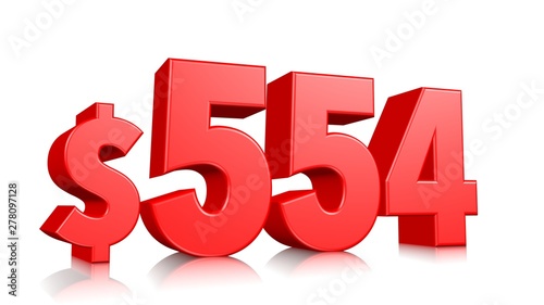 554$ Five hundred and fifty four price symbol. red text number 3d render with dollar sign on white background