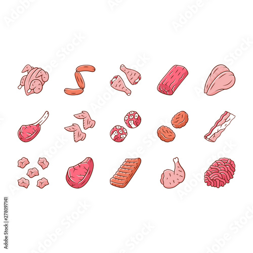 Butchers meat color icons set. Chicken drumsticks, breast and ham. Bacon, burger patties, steaks, oxtails. Butchery business. Meat production and sale. Protein sources. Isolated vector illustrations