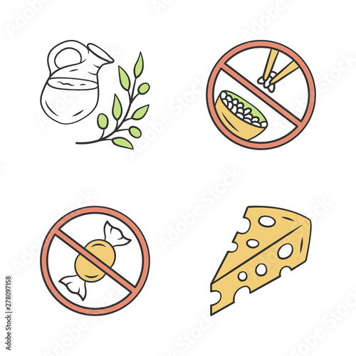 No sugar organic products color icons set. Dietary food healthy eating. Glucose free and low carbs ketogenic diet. Natural fresh drink jar, Swiss cheese isolated vector illustrations