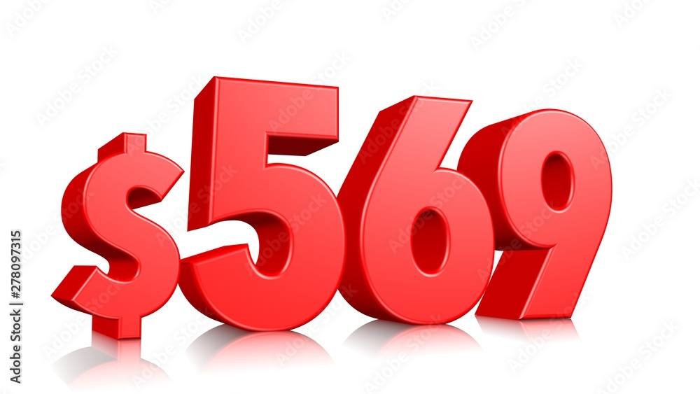 569$ Five hundred sixty-nine price symbol. red text number 3d render with dollar sign on white background 569$ Five hundred sixty-nine price symbol. red text number 3d render with dollar sign on white background