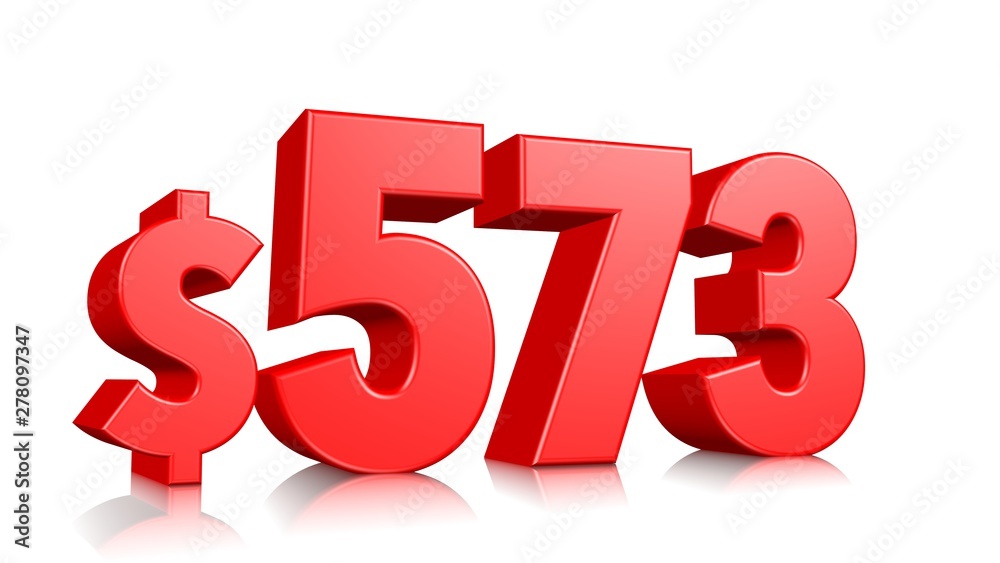573$ Five hundred seventy three price symbol. red text number 3d render with dollar sign on white background 573$ Five hundred seventy three price symbol. red text number 3d render with dollar sign on white background