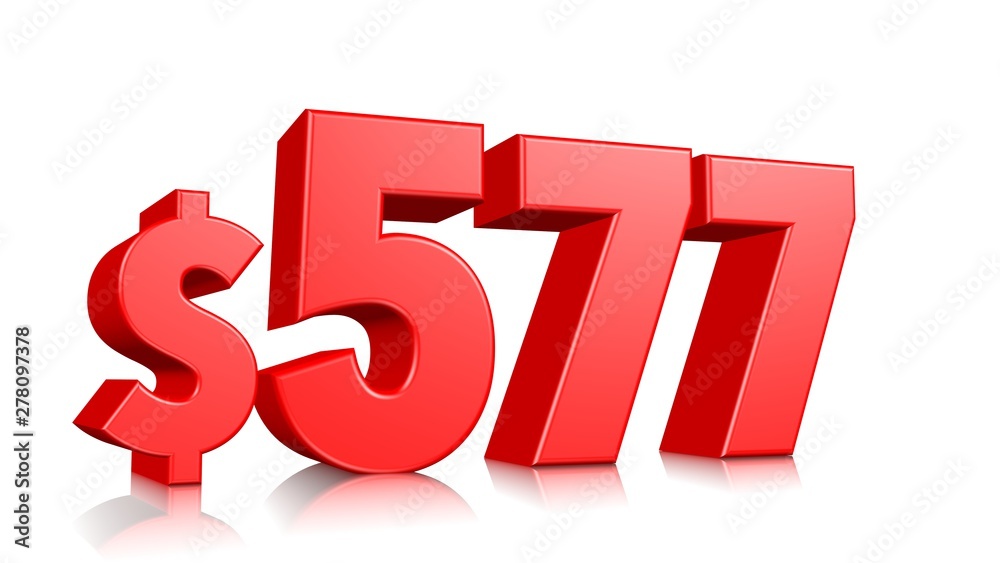 577$ Five hundred seventy seven price symbol. red text number 3d render with dollar sign on white background 577$ Five hundred seventy seven price symbol. red text number 3d render with dollar sign on white background