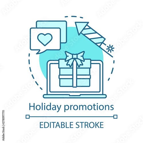 Holiday promotions turquoise concept icon. Seasonal promotional opportunities idea thin line illustration. Email marketing. Shopping sales, offers. Vector isolated outline drawing. Editable stroke