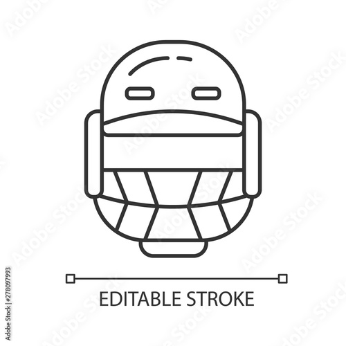 Cricket helmet linear icon. Head protection for batsman and fielders. Cricketer uniform. Protective gear. Thin line illustration. Contour symbol. Vector isolated outline drawing. Editable stroke