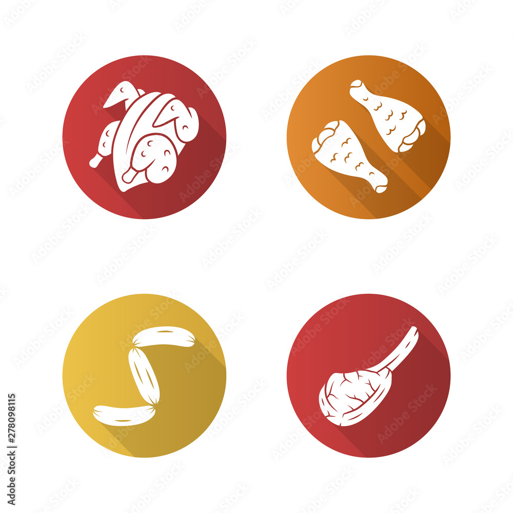 Butchers meat flat design long shadow glyph icons set. Chicken carcase and drumsticks, tomahawk steak, sausages, pork rib. Protein sources. Butchery business. Vector silhouette illustration Butchers meat flat design long shadow glyph icons set. Chicken carcase and drumsticks, tomahawk steak, sausages, pork rib. Protein sources. Butchery business. Vector silhouette illustration