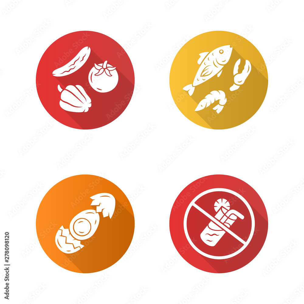 Healthy balanced eating flat design long shadow glyph icons set. High vitamin and omega 3 food. Shrimp and crab claw seafood. No soft drinks sign. Egg, vegetables, fish vector silhouette illustration