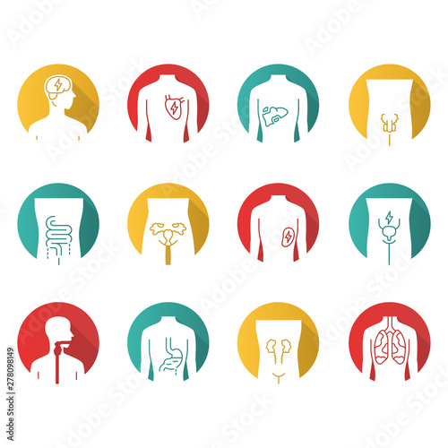 Ill human organs flat design long shadow glyph icons set. Sore heart and lungs. Aching urinary bladder. Unhealthy liver and intestines. Sick internal body parts. Vector silhouette illustration