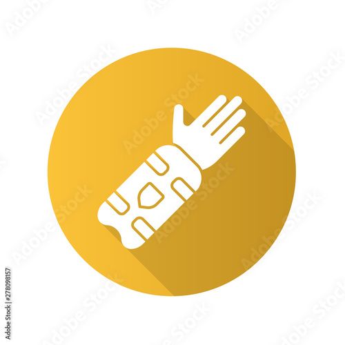 Cricket arm guard flat design long shadow glyph icon. Body protection for batsman. Arm pad on hand. Protective clothing. Protecting forearm for better frame. Vector silhouette illustration