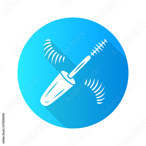 Mascara flat design long shadow glyph icon. Brush and false eyelashes vector silhouette illustration. Female fashion accessory. Makeup artist equipment, beautician tool. Glamorous eye makeover