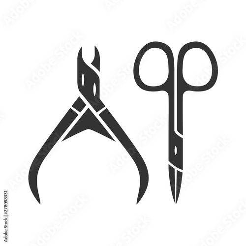 Nail scissors and manicure nippers glyph icon. Body care silhouette symbol. Negative space. Pedicure tools vector isolated illustration. Hygiene accessories. Small steel toiletries, sharp clippers