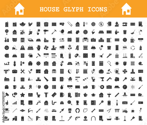 House glyph icons big set. Plumbing, construction tools. Cleaning service, housework. Real estate, property. Home appliances and furniture. Silhouette symbols. Vector isolated illustration