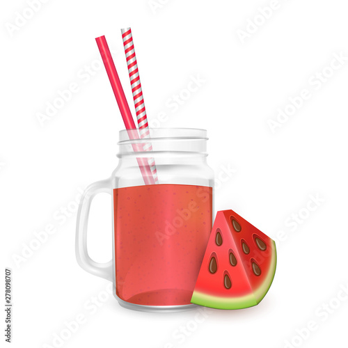 The jar of smoothies of Watermelon with striped straw for cocktails isolated on white background for advertising your products drinks in restaurants and cafes. Vector EPS 10 illustration