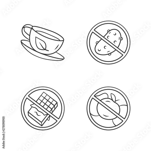 Low carbs linear icons set. No fructose and glucose  diabetic products. Thin line contour symbols. Sugar free food and healthy eating. Isolated vector outline illustrations. Editable stroke
