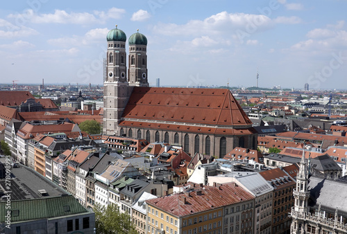 Cathedral of the Blessed Virgin Mary in Munich view on sunny summer day above skyline