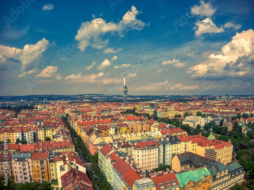 Photography aerial view of Prague TV Tower in Zizkov
