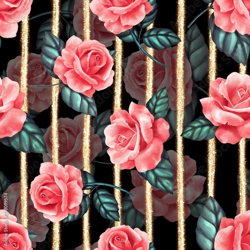 Seamless floral pattern with red roses on black background