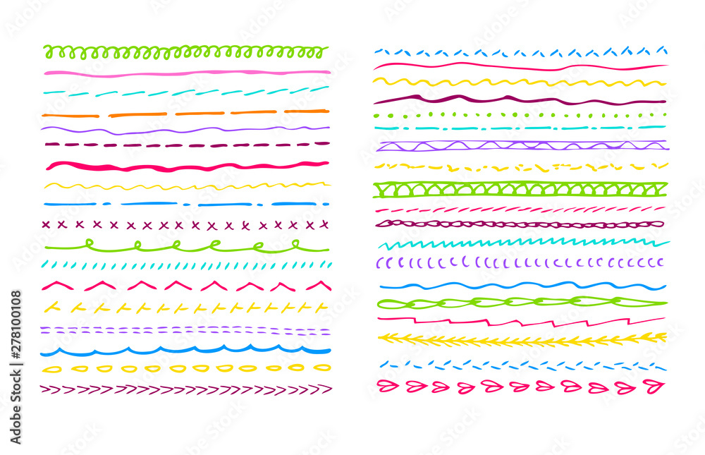 Set of hand draw underline strokes or machine stitching in in colorful tone for decoration different things or for creating of handmade effect Set of hand draw underline strokes or machine stitching in in colorful tone for decoration different things or for creating of handmade effect
