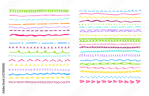 Set of  hand draw underline strokes or  machine stitching in in colorful tone for decoration different things or for creating of handmade effect