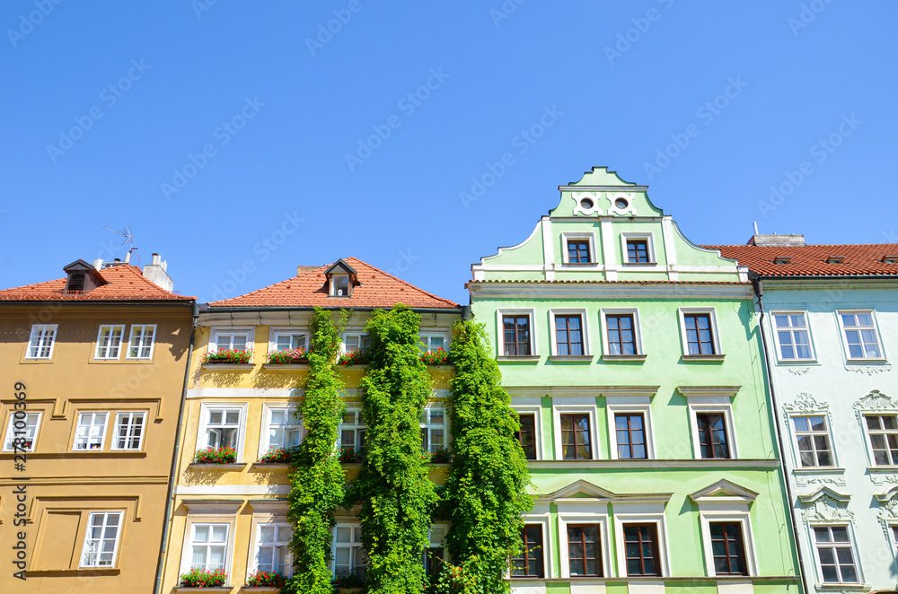 Fototapeta premium Beautiful traditional buildings with colorful facades in the historical center of Prague, Czech Republic. Czech capital city. Mala Strana, Lesser Town of Prague, Hradcany. Landmarks. Tourist place
