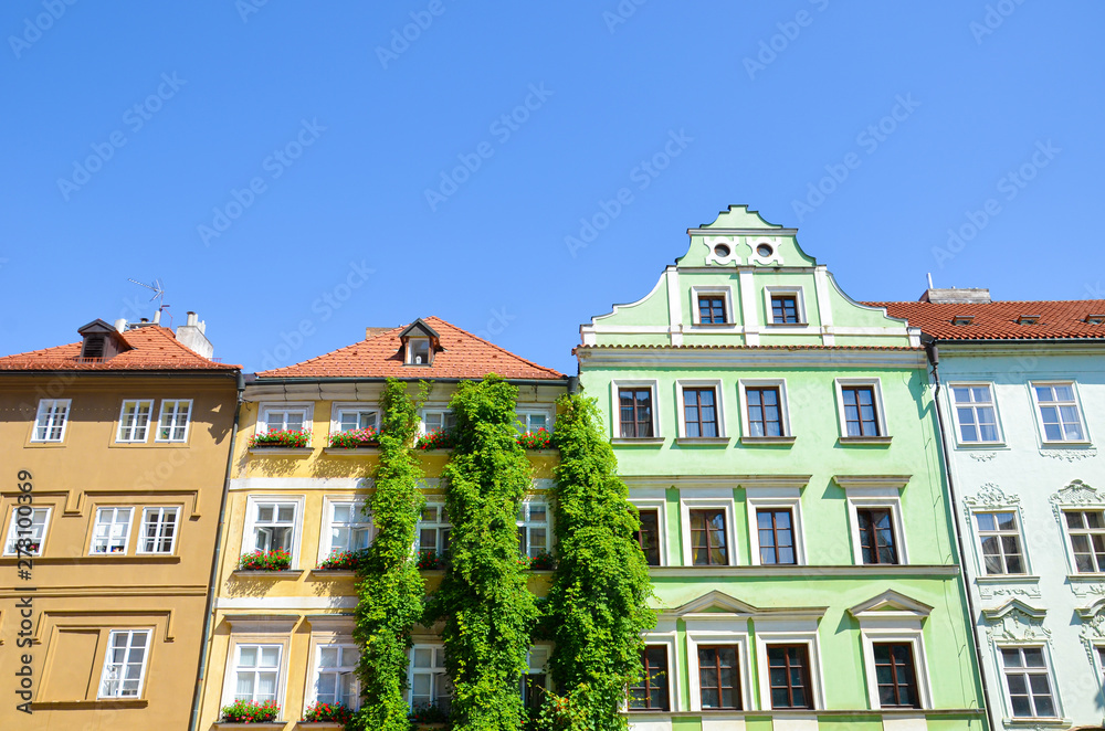 Beautiful traditional buildings with colorful facades in the historical center of Prague, Czech Republic. Czech capital city. Mala Strana, Lesser Town of Prague, Hradcany. Landmarks. Tourist place