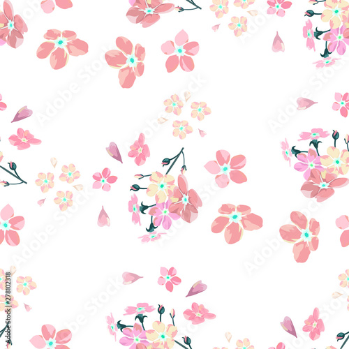 gentle little flowers and petals flying aside the botanical pattern of small colored wildflowers