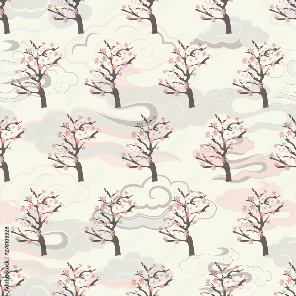 Illustration of stylized, abstract, sage, pink, cream clouds Illustration of stylized, abstract, sage, pink, cream clouds