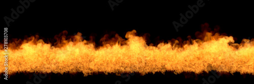 Line of fire at bottom - fire 3D illustration of misty burning explosion, sylized frame isolated on black background
