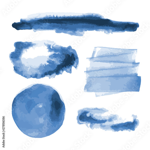 Deep blue watercolor shapes, splotches, stains, paint brush strokes. Abstract watercolor texture backgrounds set. Deep blue. Navy blue. Isolated on white background. Vector illustration.