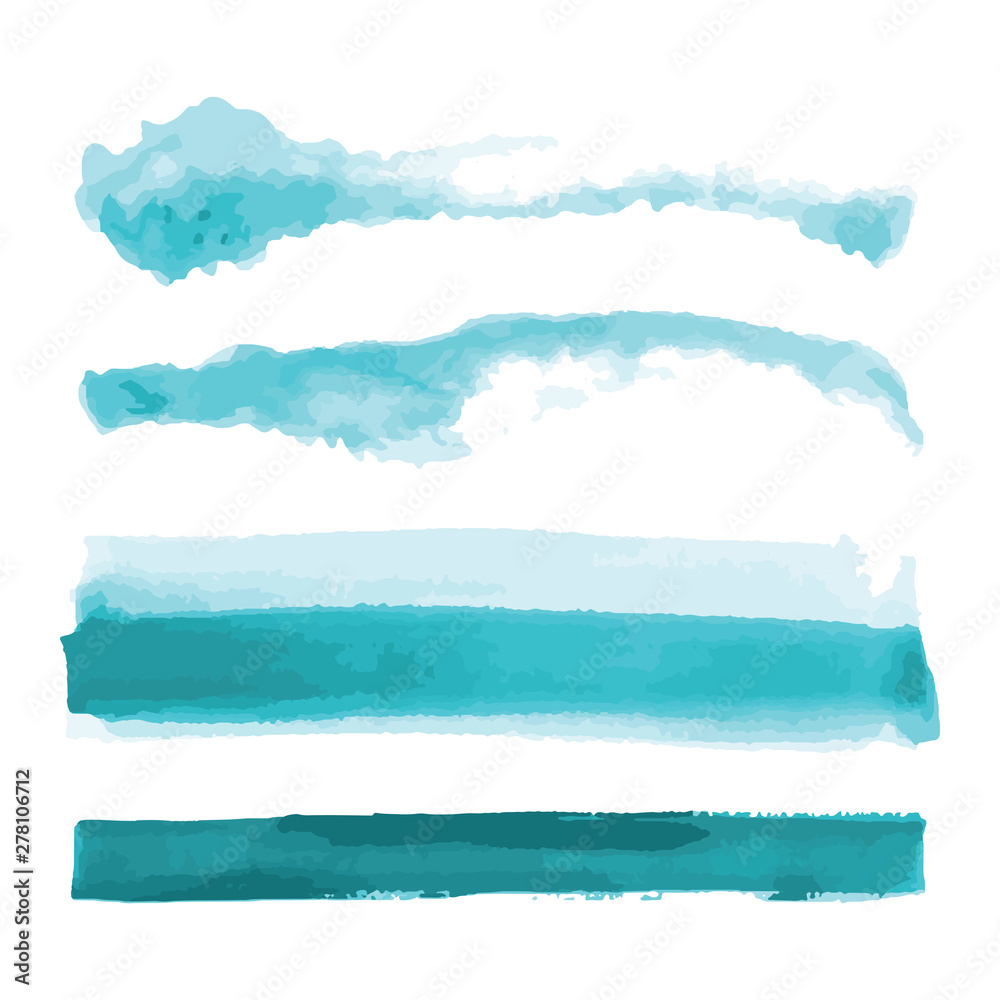 Turquoise, light blue watercolor shapes, splotches, stains, paint brush strokes. Abstract watercolor texture backgrounds set. Isolated on white background. Vector illustration. Turquoise, light blue watercolor shapes, splotches, stains, paint brush strokes. Abstract watercolor texture backgrounds set. Isolated on white background. Vector illustration.