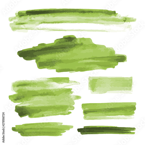 Green watercolor shapes, splotches, stains, paint brush strokes. Abstract watercolor texture backgrounds set. Isolated on white background. Vector illustration.