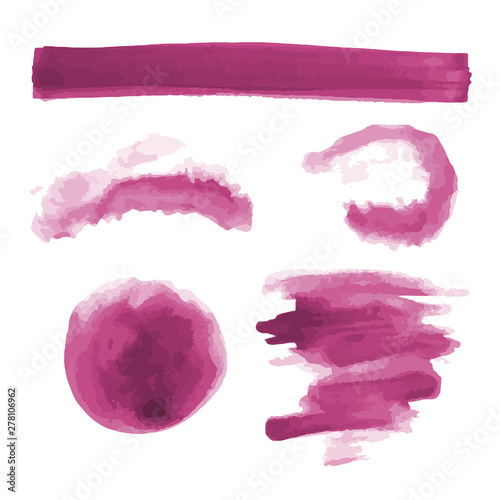 Pink watercolor shapes, splotches, stains, paint brush strokes. Abstract watercolor texture backgrounds set. Isolated on white background. Vector illustration.