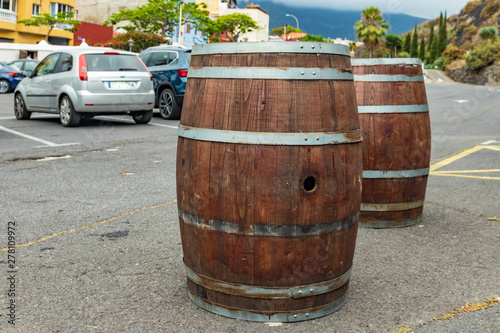Vintage old wooden wine barrels in a vinery of Tenerife, Canary Islands, Spain © Yury