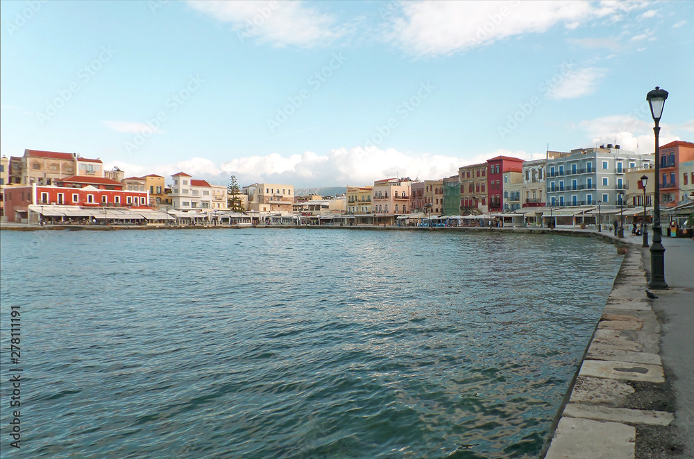 Panoramic View of the Old Venetian Port Area of Chania, Crete Island, Greece