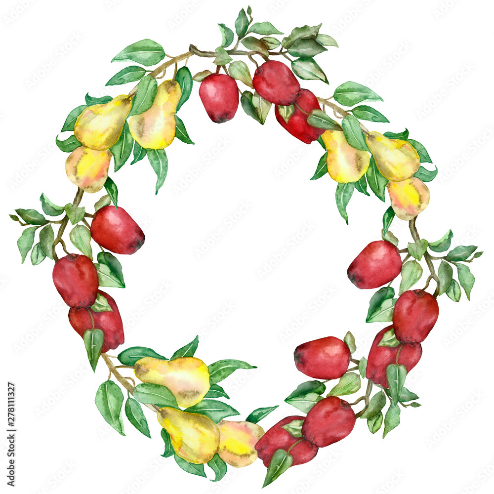 Watercolor frame of lush branches of pear tree with juicy pears and green leaves and Apple branches with red apples. Autumn illustration of branches with pears and apples, for a beautiful design. Watercolor frame of lush branches of pear tree with juicy pears and green leaves and Apple branches with red apples. Autumn illustration of branches with pears and apples, for a beautiful design.
