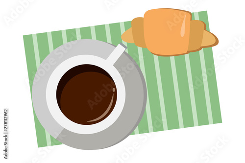 cup of coffee with croissant on napkin. View from above. Flat design