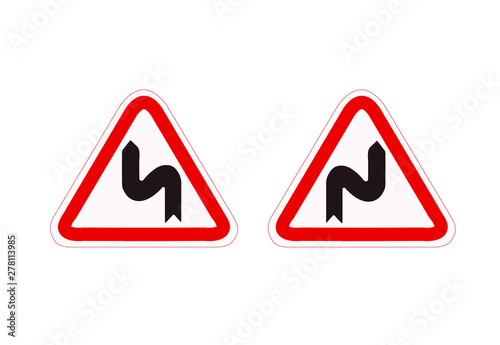 dangerous bend to right.dangerous curves to the left. dangerous bend to the right and left. Warning signs. traffic training. traffic rules. Traffic signs. road signs