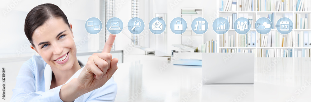 office business work concept, hand of smiling woman touch screen icons, web banner and copy space template office business work concept, hand of smiling woman touch screen icons, web banner and copy space template