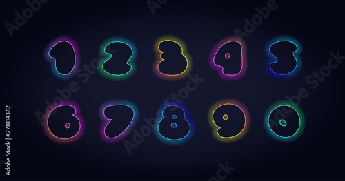 Vector modern acid neon fluid font. Numbers. Light blue, green, pink, purple gradient illuminated lamp letters isolated on black background. Design element for decoration, web, advertisment