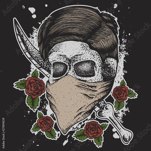 skull man head dagger rose vector illustration 