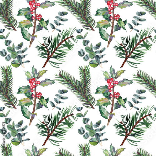 Seamless pattern with red holly berries, green eucalyptus, pine and spruce branches. Watercolor illustration on white background.