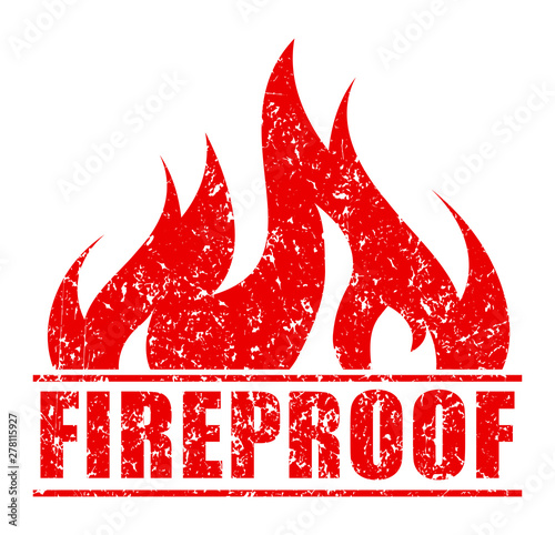 Rubber stamp Fireproof, red design with blazing flame.