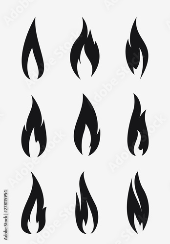 Set of unusual thin black realistic stylish fire flames.
