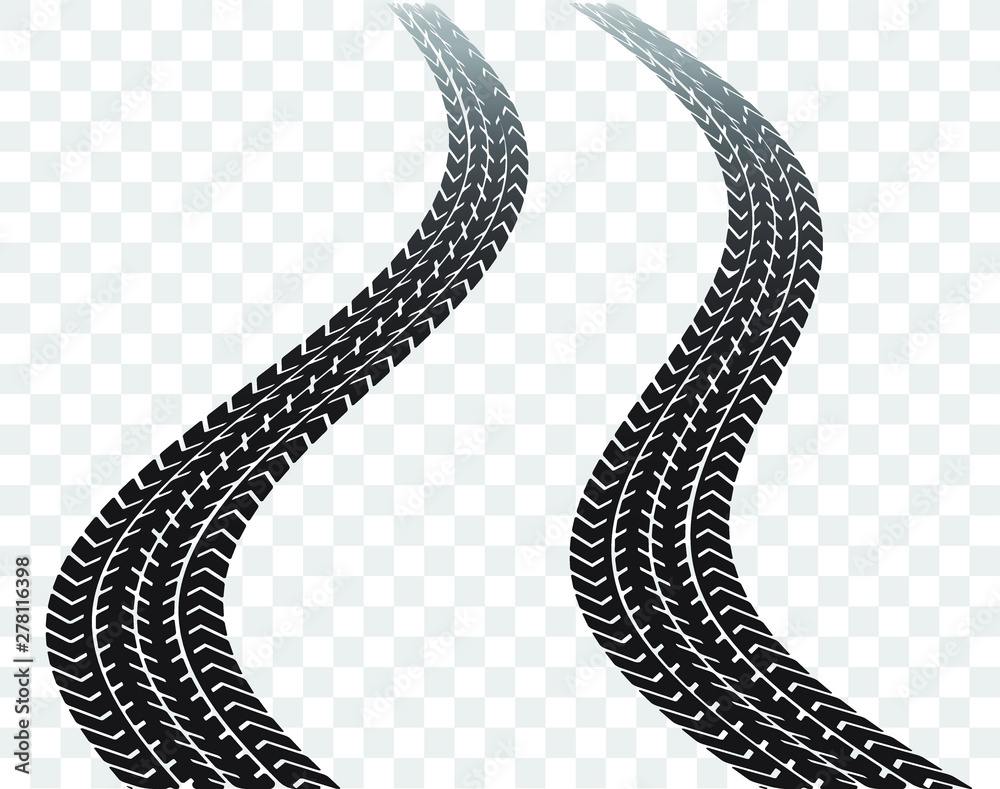 Winding black tires tracks on transparent background. Stock Vector