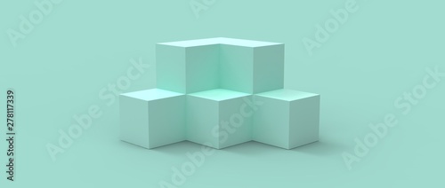 Diseño de podio para presentación de producto de diseño. Render tridimensional de escalones con iluminación de reflectores y diferentes materiales brillantes y con patrones. Fondo colorido 3d