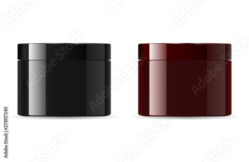 Cosmetic jar mockup packaging. 3d vector design product packaging. Black, white and brown containers for cream, salt, powder, butter.