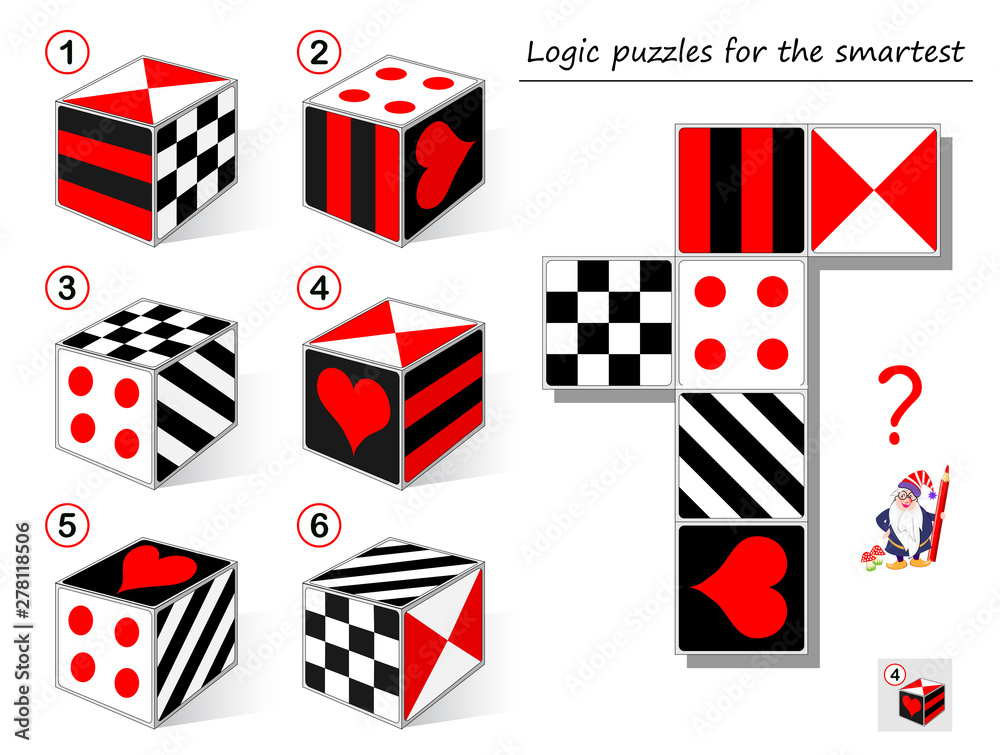 logic puzzle game for smartest need to find the cube which matches to the template printable page for brainteaser book developing spatial thinking vector cartoon image stock vector adobe stock