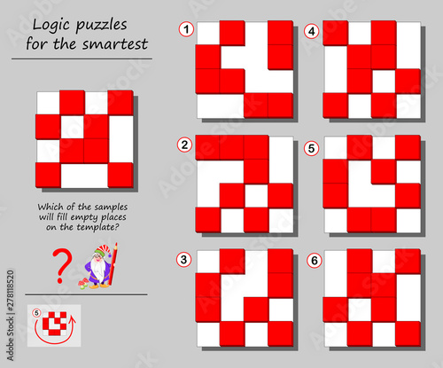 Logic puzzle game for smartest. Which of the samples will fill empty places on the template? Printable page for brainteaser book. Developing spatial thinking. Vector cartoon image.