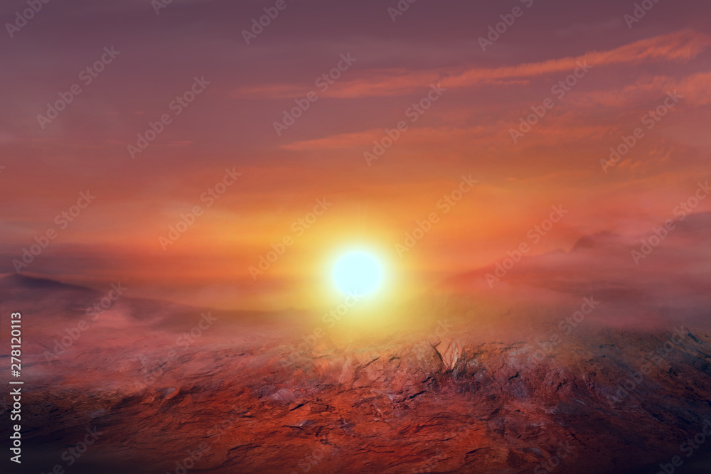 Fantastic martian landscape    . sunset on Mars . red others planet . 