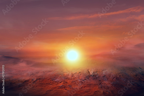 Fantastic martian landscape . sunset on Mars . red others planet . 